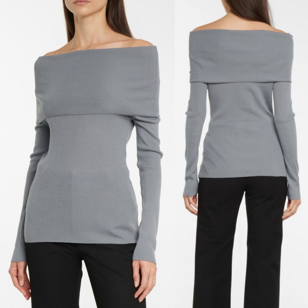 MaxMara Leisure Lorena Off the Shoulder Ribbed Wool Sweater SZ XS Grey Gray NEW